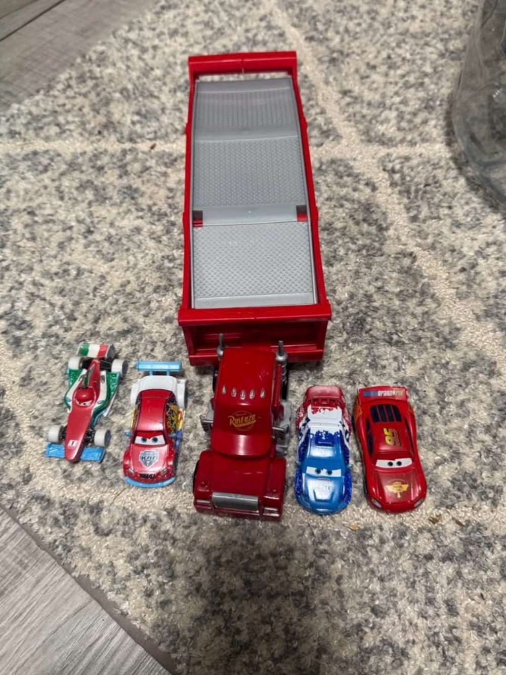 Disney Red Mack Truck Playset with Red, Blue, White, Green Cars